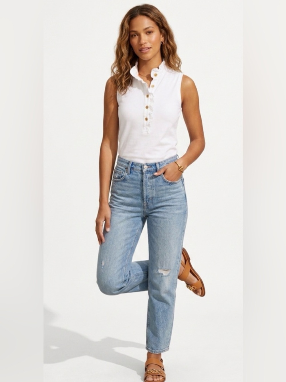 Tory Burch Lidia Sleeveless Ruffle Collar Polo Top White Small